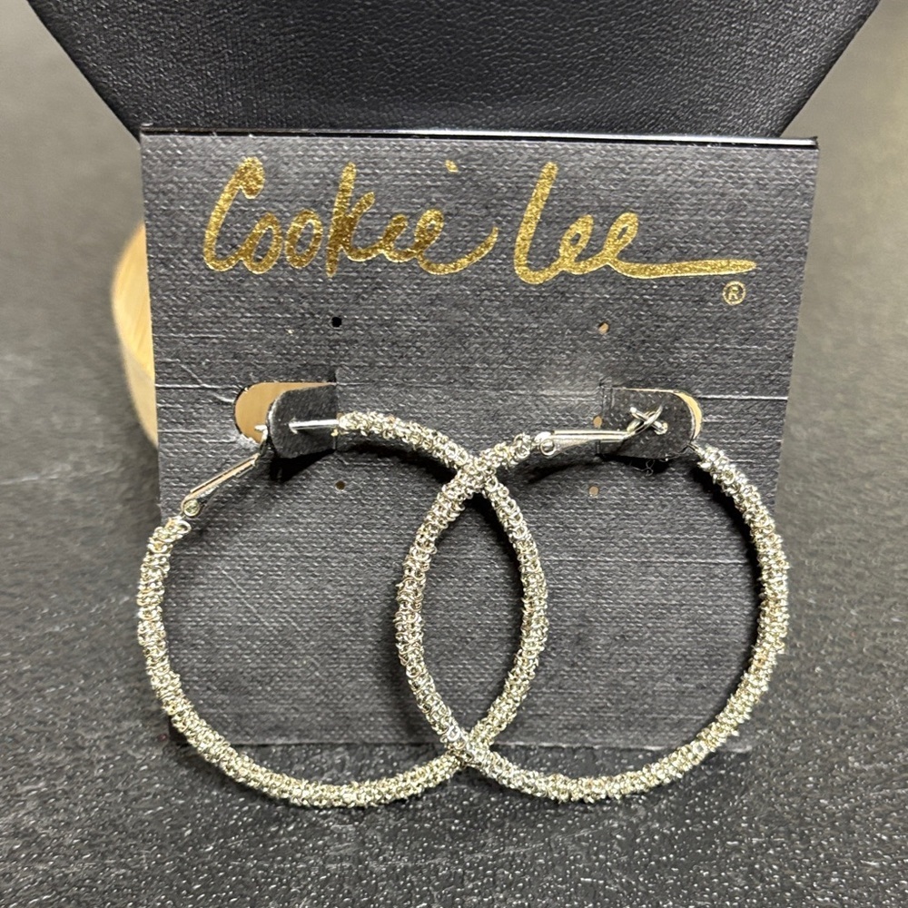Cookie Lee Textured Silver Tone Hoop Chain Earrings